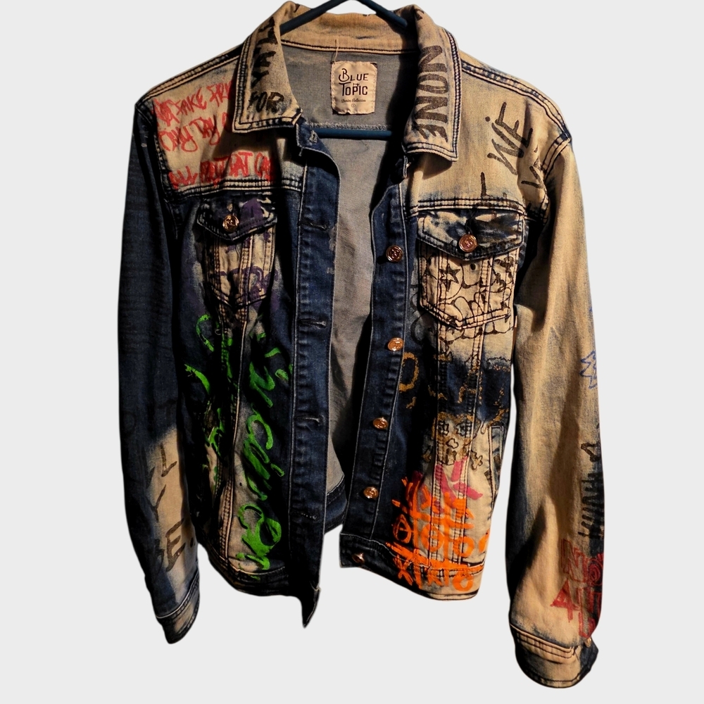 Blue Topic Graffiti Style Denim Jacket in Blue and Orange XL